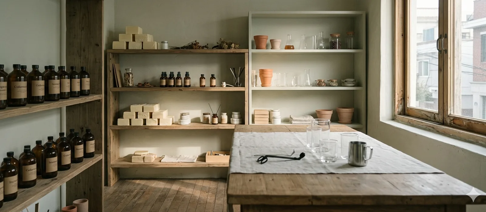 workshop overview · shelves of wax · oils · tools · morning light · no person